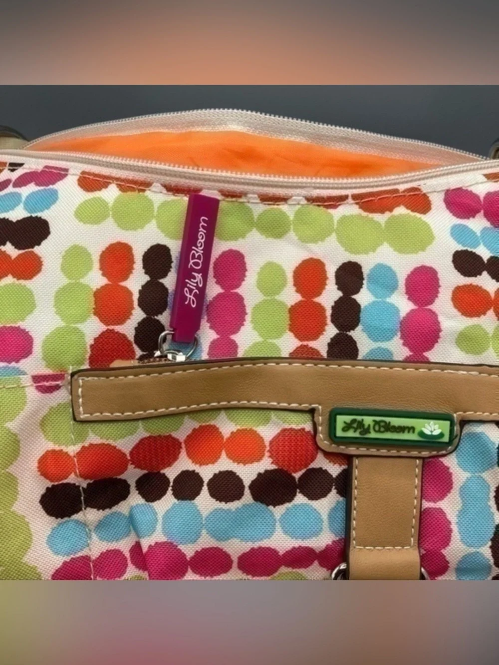 🌸 Lily Bloom Multicolor Dot-Print Shoulder Bag with Tan Trim and Strap Detail